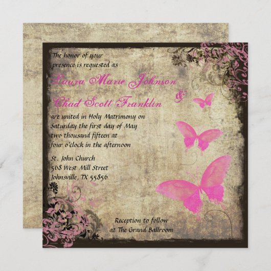 Roze  vlinderuitnodiging kaart (Voorkant / Achterkant)