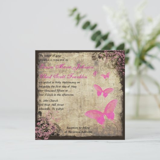 Roze  vlinderuitnodiging kaart (Staand voorkant)