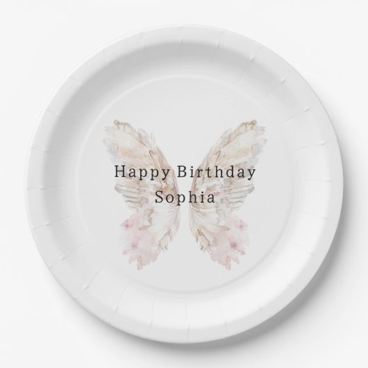  Roze Vlindervleugels Verjaardag Papieren Bordje (Voorkant)