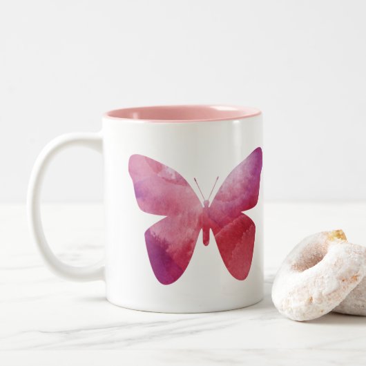 Roze vlindervrijheid tweekleurige koffiemok (Met donut)