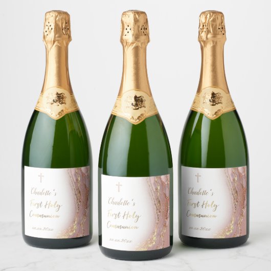 roze vloeibaar marmer Eerste Communie Sparkling Wijnetiket (Flessen)