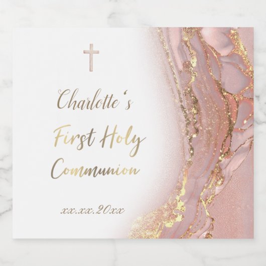 roze vloeibaar marmer Eerste Communie Sparkling Wijnetiket (Enkel label)