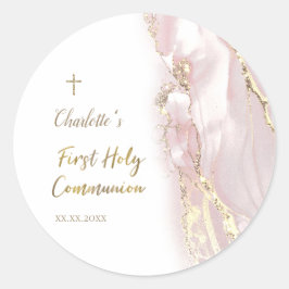 roze vloeibare marmer Eerste Communie Ronde Sticker