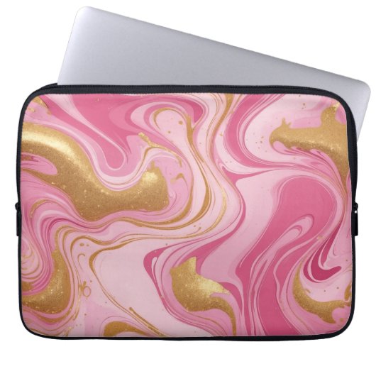 Roze vloeistof met gouden strepen laptop sleeve (Voorkant)