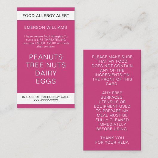 Roze voedselallergie Waarschuwing Gepersonaliseerd Visitekaartje (Voorkant / Achterkant)