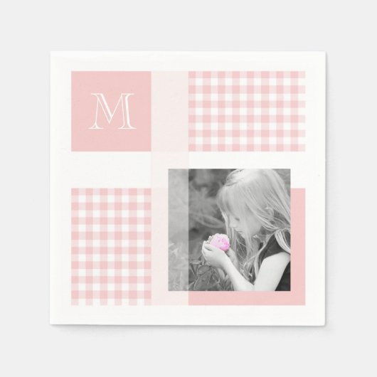 Roze voeg je foto Gingham Modern Monogram toe Servet (Voorkant)