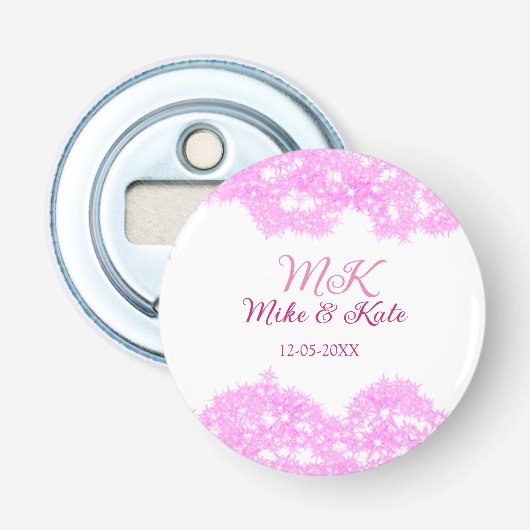 Roze voeg koppelnaam datum monogram glitter sparkl button flesopener (Voorkant)
