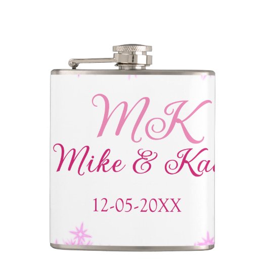 Roze voeg koppelnaam datum monogram glitter sparkl heupfles (Voorkant)