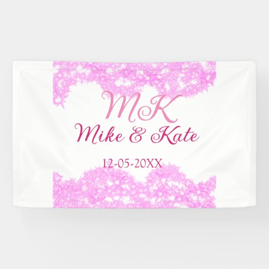 Roze voeg koppelnaam datum monogram glitter sparkl spandoek (Horizontaal)