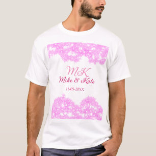 Roze voeg koppelnaam datum monogram glitter sparkl t-shirt
