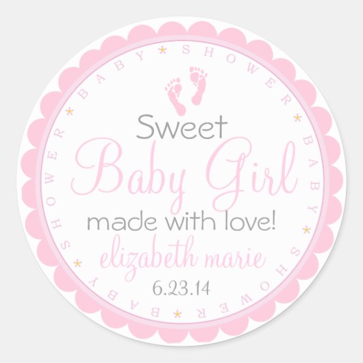 Roze Voetafdrukken - Baby shower Favor Ronde Sticker (Voorkant)