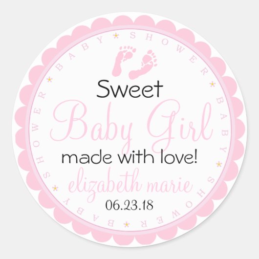 Roze Voetafdrukken Baby shower Scallopped Gast Fav Ronde Sticker (Voorkant)