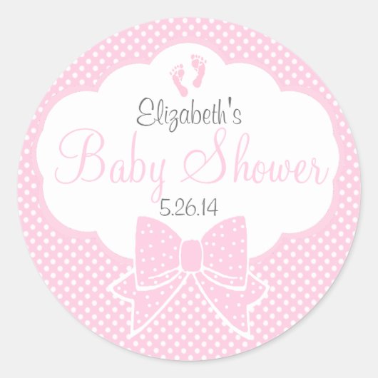 Roze Voetafdrukken Bow en Zwitserse Stippen Baby s Ronde Sticker (Voorkant)