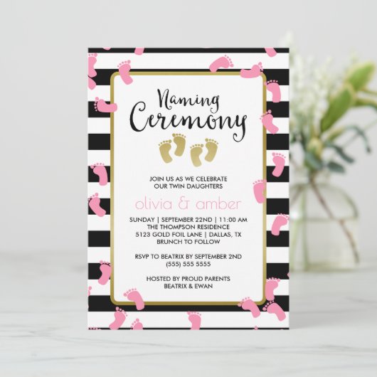 Roze Voetafdrukken Zwart & Goud Tweeling Naming Ce Kaart (Staand voorkant)