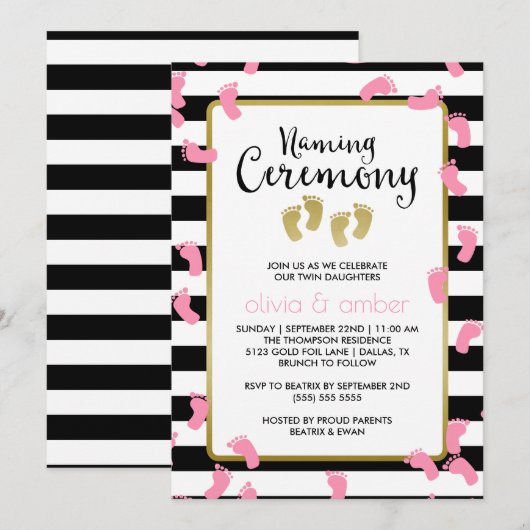 Roze Voetafdrukken Zwart & Goud Tweeling Naming Ce Kaart (Voorkant / Achterkant)