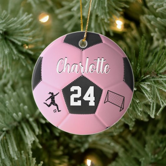 Roze Voetbal Meisjes Gepersonaliseerde Naam Gift Keramisch Ornament (Boom)
