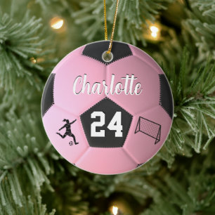 Roze Voetbal Meisjes Persoonlijke Naam Cadeau  Keramisch Ornament