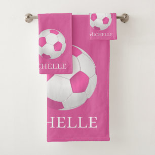 roze voetbal - voeg naam toe bad handdoek