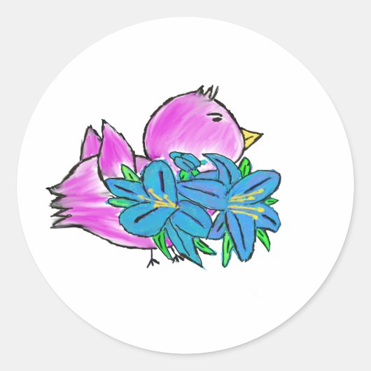Roze Vogel Blauwe Bloemen Ronde Sticker (Voorkant)