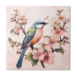  roze vogel-bloemmotieven tuin scènes tegeltje