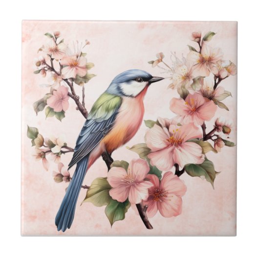  roze vogel-bloemmotieven tuin scènes tegeltje (Voorkant)