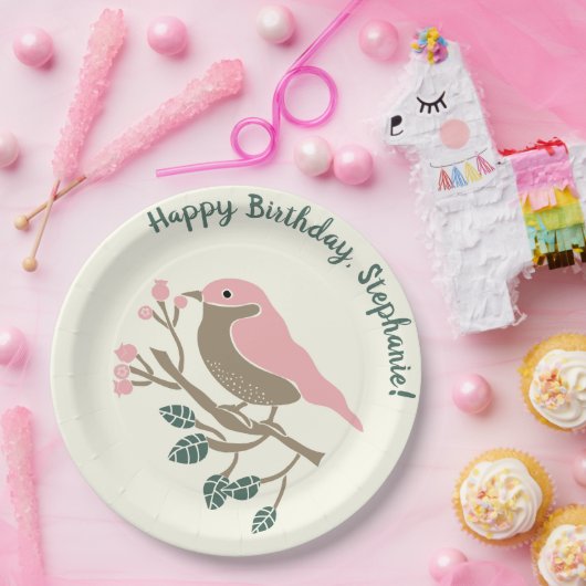 Roze vogel en bessen Aangepaste verjaardag Papieren Bordje (Feest)