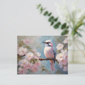 Roze vogel en kersenbloesem bloemen briefkaart (Staand voorkant)
