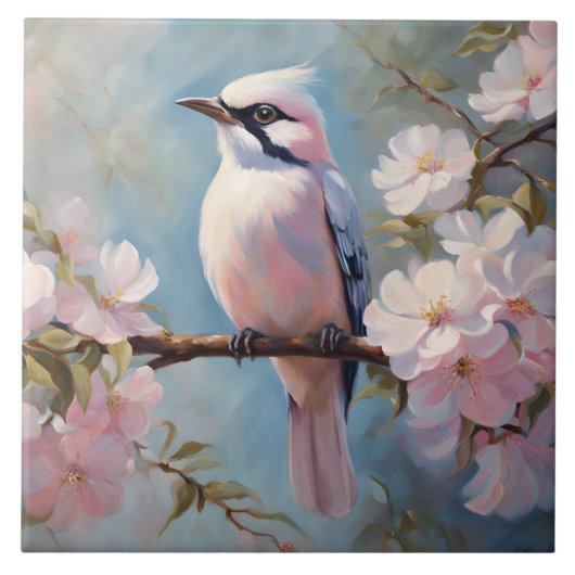 Roze vogel en kersenbloesem bloemen tegeltje (Voorkant)