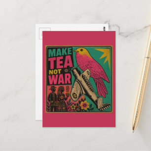 Roze vogel en vintage vliegtuig maken thee niet oo briefkaart