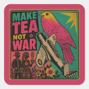 Roze vogel en vintage vliegtuig maken thee niet oo vierkante sticker