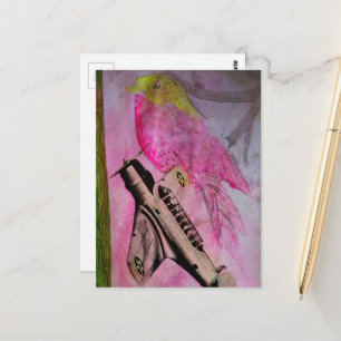 Roze vogel en vintage vliegtuig Mixed Media Collag Briefkaart