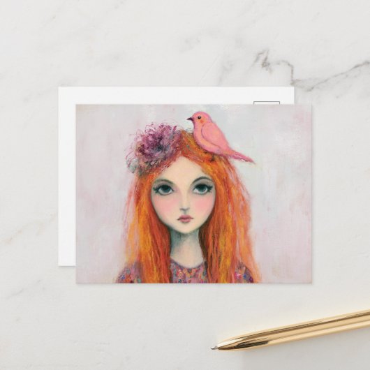 Roze vogel in haar haar briefkaart (Voorkant / Achterkant in situ)
