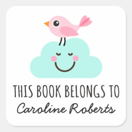 Roze vogel op gelukkige wolk schattige bookplate vierkante sticker