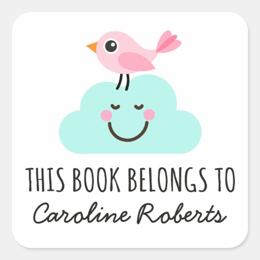 Roze vogel op gelukkige wolk schattige bookplate vierkante sticker (Voorkant)