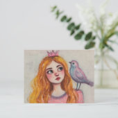Roze vogel op haar schouder briefkaart (Staand voorkant)