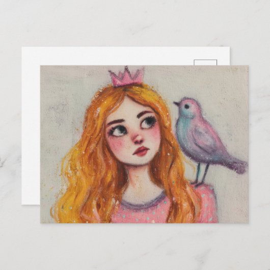 Roze vogel op haar schouder briefkaart (Voorkant / Achterkant)