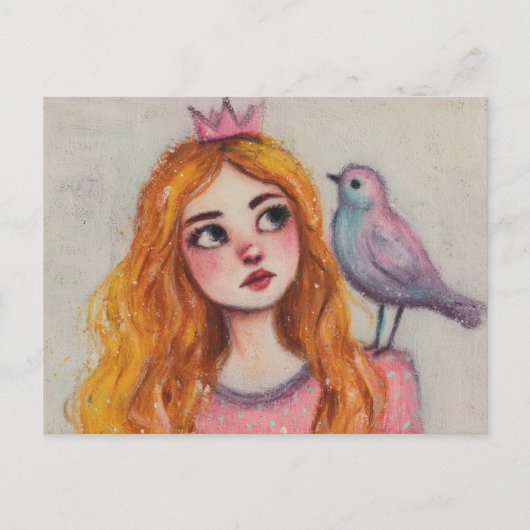Roze vogel op haar schouder briefkaart (Voorkant)