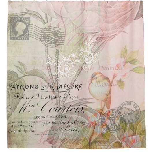  roze vogelflora douchegordijn (Voorkant)