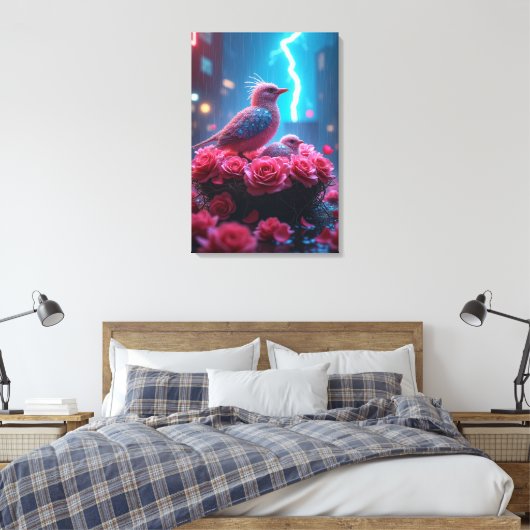 Roze Vogelnest onder de bliksemhemel - Surrealisti Canvas Afdruk (Insitu (Slaapkamer))