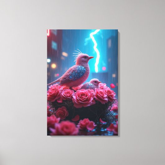 Roze Vogelnest onder de bliksemhemel - Surrealisti Canvas Afdruk (Voorkant)