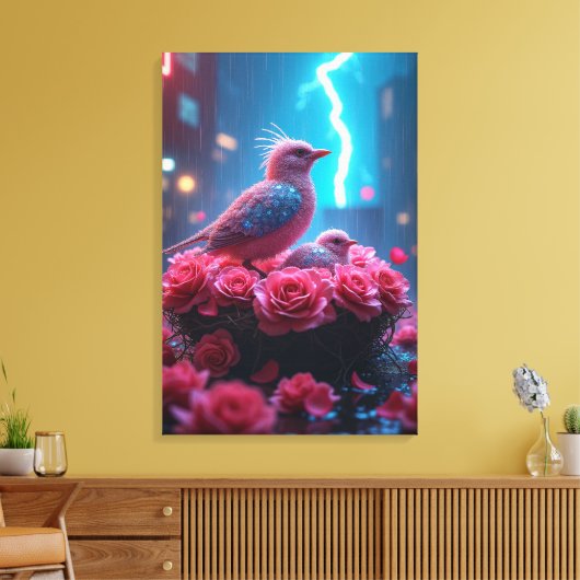 Roze Vogelnest onder de bliksemhemel - Surrealisti Canvas Afdruk (Insitu (Woonkamer))