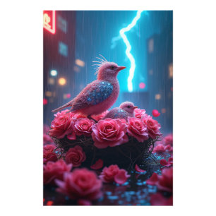 Roze Vogelnest onder de bliksemhemel - Surrealisti Foto Afdruk