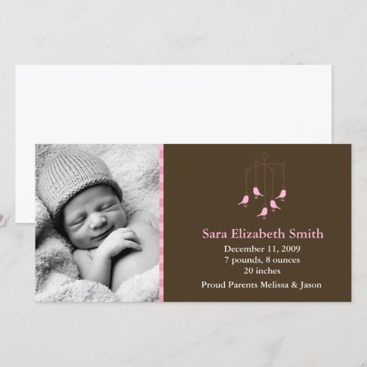 Roze vogels Baby Mobiele geboorteaankondigingen Aankondiging (Voorkant / Achterkant)