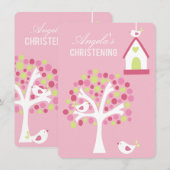 Roze vogels en bomen Baby Baptisme Christening Inv Kaart (Voorkant / Achterkant)
