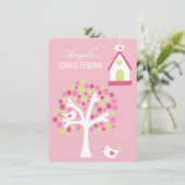 Roze vogels en bomen Baby Baptisme Christening Inv Kaart (Staand voorkant)