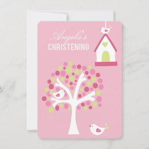 Roze vogels en bomen Baby Baptisme Christening Inv Kaart