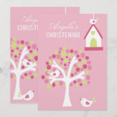 Roze vogels en bomen Baby Baptisme Christening Inv Kaart (Voorkant / Achterkant)