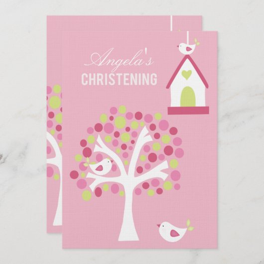 Roze vogels en bomen Baby Baptisme Christening Inv Kaart (Voorkant / Achterkant)