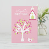 Roze vogels en bomen Baby Baptisme Christening Inv Kaart (Staand voorkant)