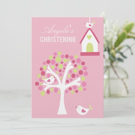 Roze vogels en bomen Baby Baptisme Christening Inv Kaart (Staand voorkant)